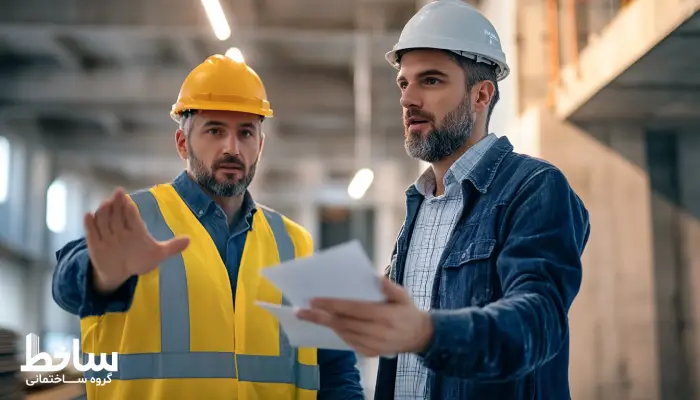 مهندس ناظر در حال توضیح نکات فنی به نیروی اجرایی در فضای داخلی پروژه عمرانی
