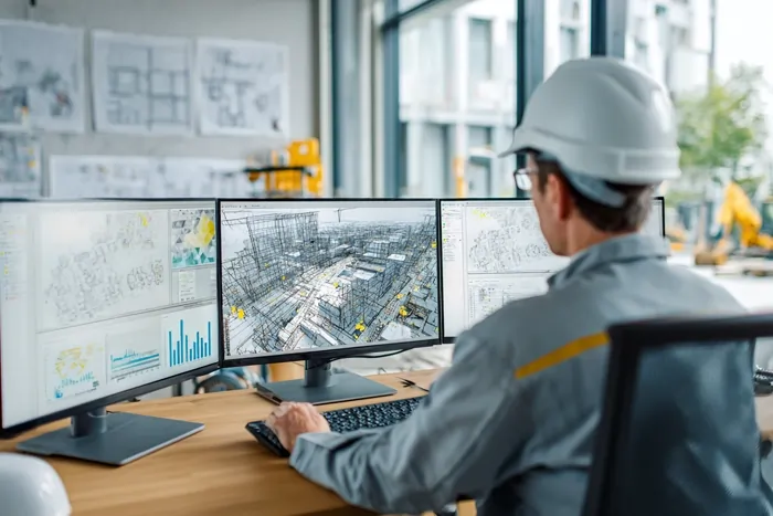 مهندس عمران با کلاه ایمنی در حال بررسی مدل سه‌بعدی ساختمان روی سه مانیتور در محیط دفتر فنی مدرن.