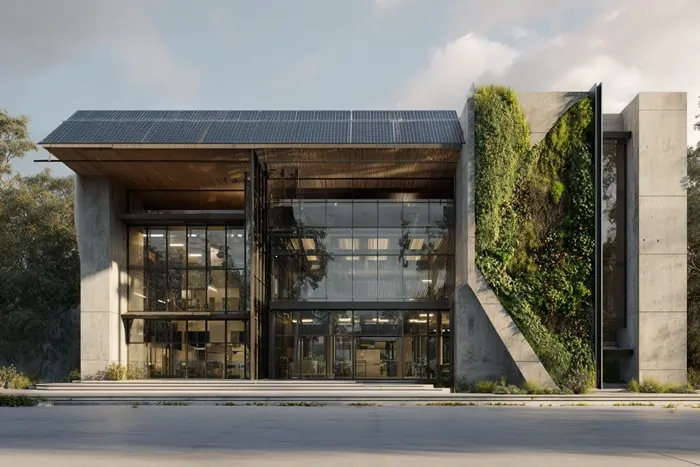 نمای بیرونی ساختمانی مدرن با شیشه‌های بزرگ، پوشش سبز عمودی و سقف مجهز به پنل خورشیدی