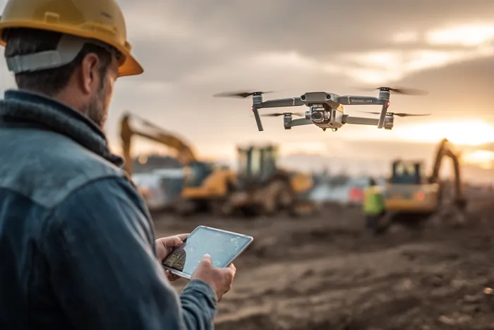 کارگر ساختمانی با کلاه ایمنی در حال کنترل پهپاد با تبلت در محل پروژه عمرانی هنگام غروب آفتاب