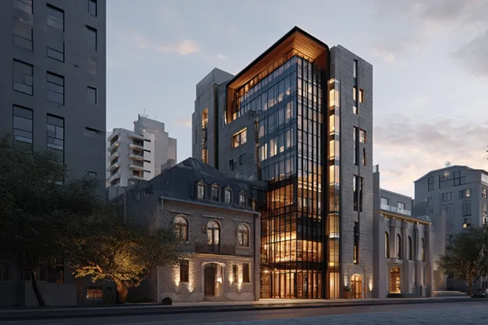 نمای شهری از ساختمانی مدرن با ترکیب معماری کلاسیک و معاصر، دارای نمای شیشه‌ای روشن در میان ساختمان‌های بلند