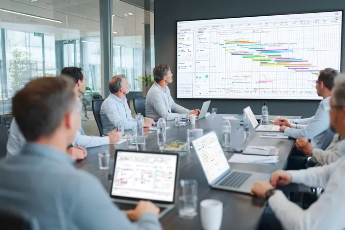 جلسه کاری گروهی از مدیران پروژه در اتاق کنفرانس مدرن با نمایش نمودار زمان‌بندی پروژه روی نمایشگر بزرگ