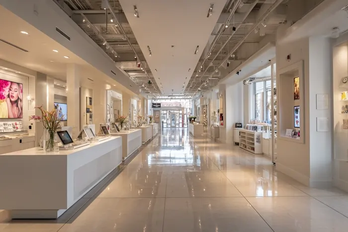 نمای داخلی یک گالری مدرن با نورپردازی روشن و طراحی مینیمال سفید، شامل میزهای نمایش محصولات و آثار هنری.