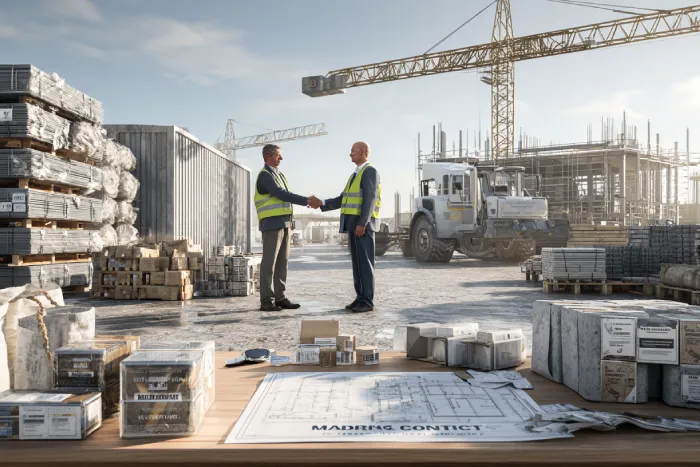 دو مدیر پروژه در حال امضای قرارداد تهاتر مصالح و تجهیزات ساختمانی در محل پروژه عمرانی — همکاری بین تولیدکنندگان و پیمانکاران در گروه ساختمانی ساخَط