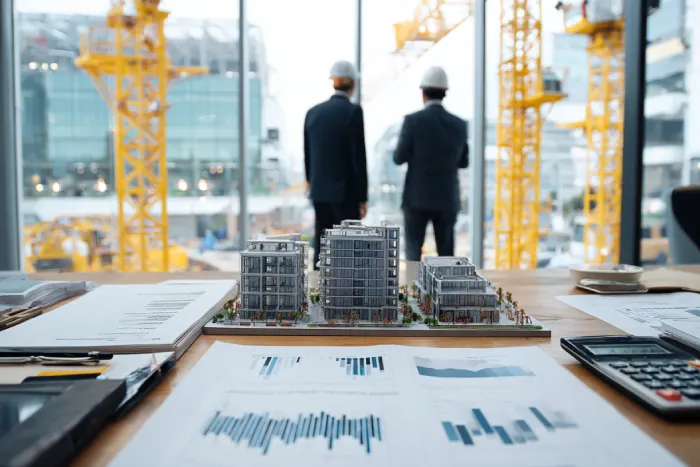 مهندسان و مدیران پروژه در حال بررسی مدل‌های سرمایه‌گذاری تهاتری با استفاده از داده‌های مالی و ماکت ساختمانی — تحلیل اقتصادی پروژه‌ها در گروه ساختمانی ساخَط