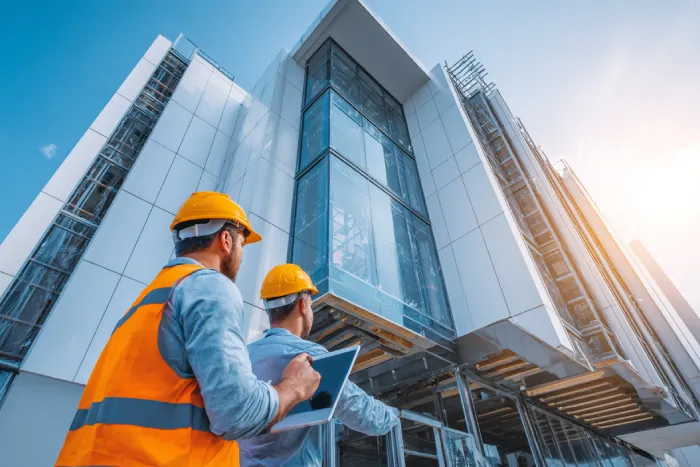 دو مهندس در حال بررسی نمای تهویه‌شونده و انرژی‌پایدار ساختمان مدرن با پنل‌های آلومینیومی و شیشه‌ای — اجرای سیستم‌های هوشمند نما توسط گروه ساختمانی ساخَط